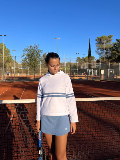 Sudadera blanca con líneas azules de padel. Sudadera blanca con líneas azules de tenis. Sudadera de deporte. Sudadera con capucha.