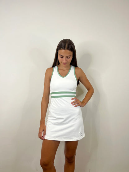 Vestido blanco con líneas verdes de padel. Vestido blanco de tenis. Vestido de golf. Vestido elegante de deporte. Vestido de padel.